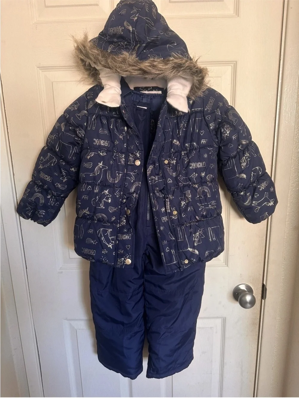 Carters girls Navy Blue Kids Puffer Snowsuit with Hood and Faux Fur Trim 5/6